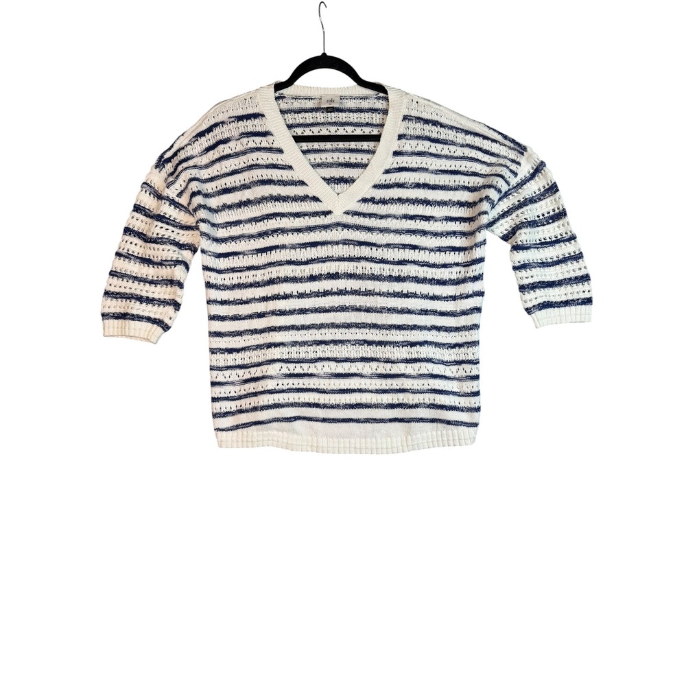 Cabi‎ Womens XS Striped V-Neck Sweater Blue White Pointelle Knit 3/4 Sleeve